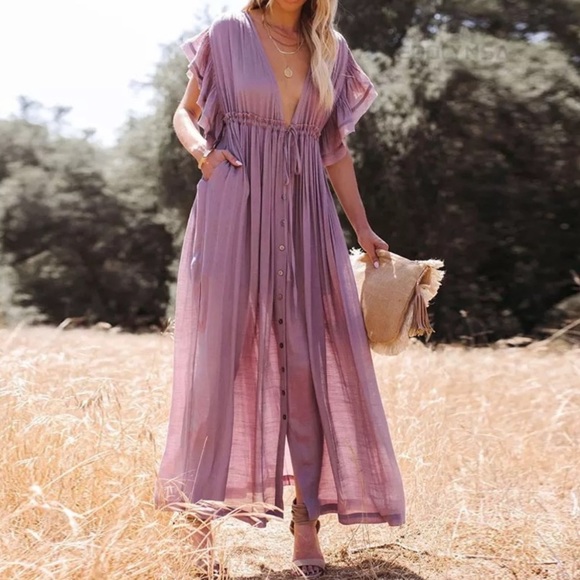 SOLD OUT Lavender Gauze Boho Button Maxi Dress - Picture 9 of 10